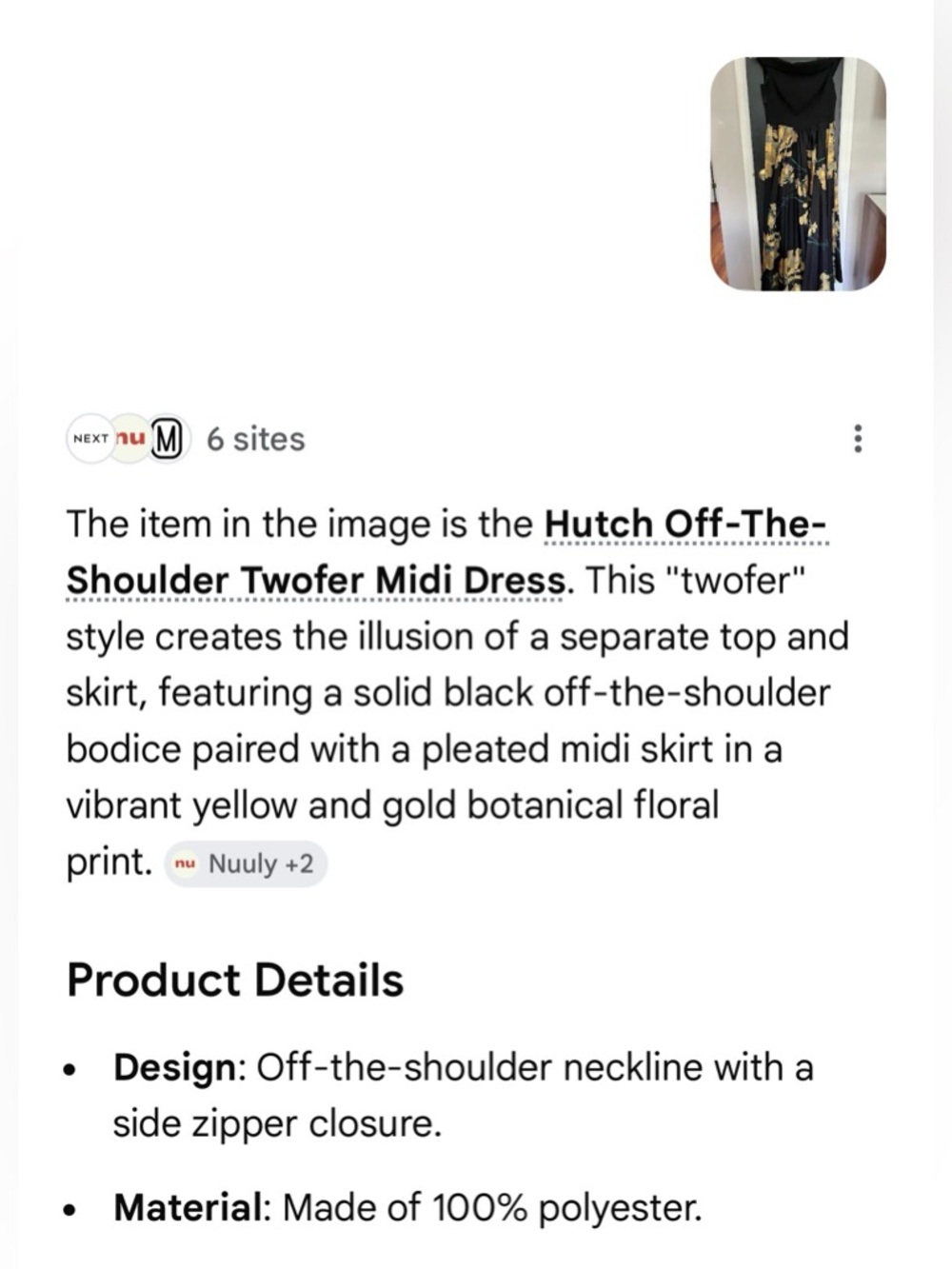 NWT $265 #NUULY #Hutch.Size6.  Black Dress with Yellow-Gold Floral Print - Picture 6 of 6